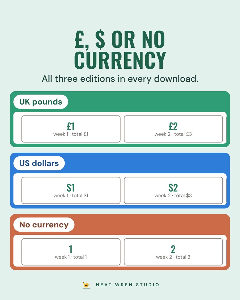 The same 52-week squares in three editions: UK pounds, US dollars and no currency.