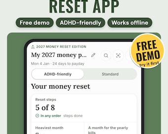 Puede incluir: Una interfaz digital para la aplicación 2027 Money Reset, con un panel que muestra el texto My 2027 money p, ADHD-friendly, Your money reset y Reset steps 5 of 8. Una insignia circular amarilla muestra Free Demo try it first.