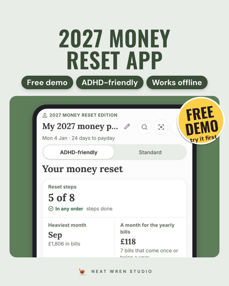 2027 Money Reset budget app on a phone: 5 of 8 reset steps done, heaviest month September with £1,806 in bills and £118 a month for the yearly bills, with a Free demo sticker