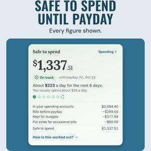 The app's Safe to spend card showing $1,337.51, on track until payday on Fri, Oct 23, with every figure listed, under the headline Safe to spend until payday.