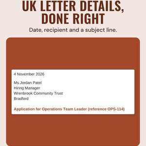 The top of the example cover letter with the date, the recipient's name and address and a subject line, under the headline UK letter details, done right.