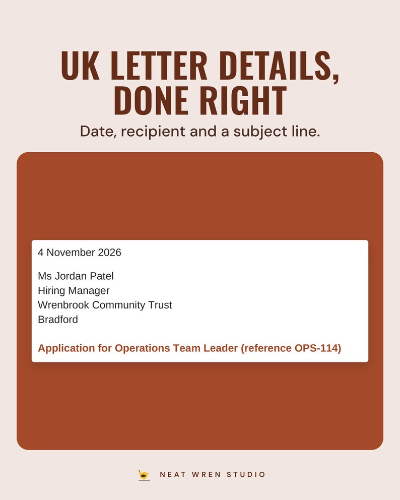 The top of the example cover letter with the date, the recipient's name and address and a subject line, under the headline UK letter details, done right.