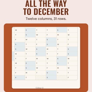 The bottom of the wall planner grid down to day 31, with weekends shaded, under the headline All the way to December, and the line Twelve columns, 31 rows.