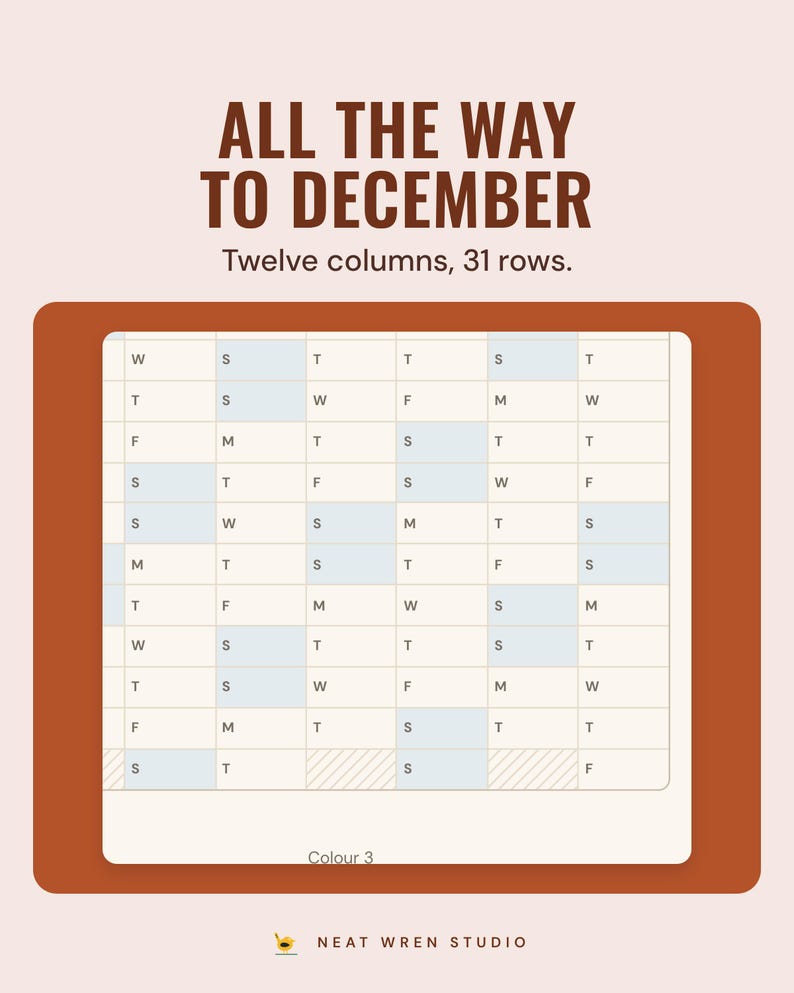 The bottom of the wall planner grid down to day 31, with weekends shaded, under the headline All the way to December, and the line Twelve columns, 31 rows.