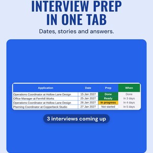 Interview prep tab listing interviews with date, prep status and how many days to go