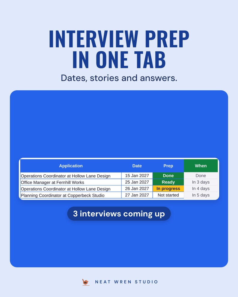 Interview prep tab listing interviews with date, prep status and how many days to go