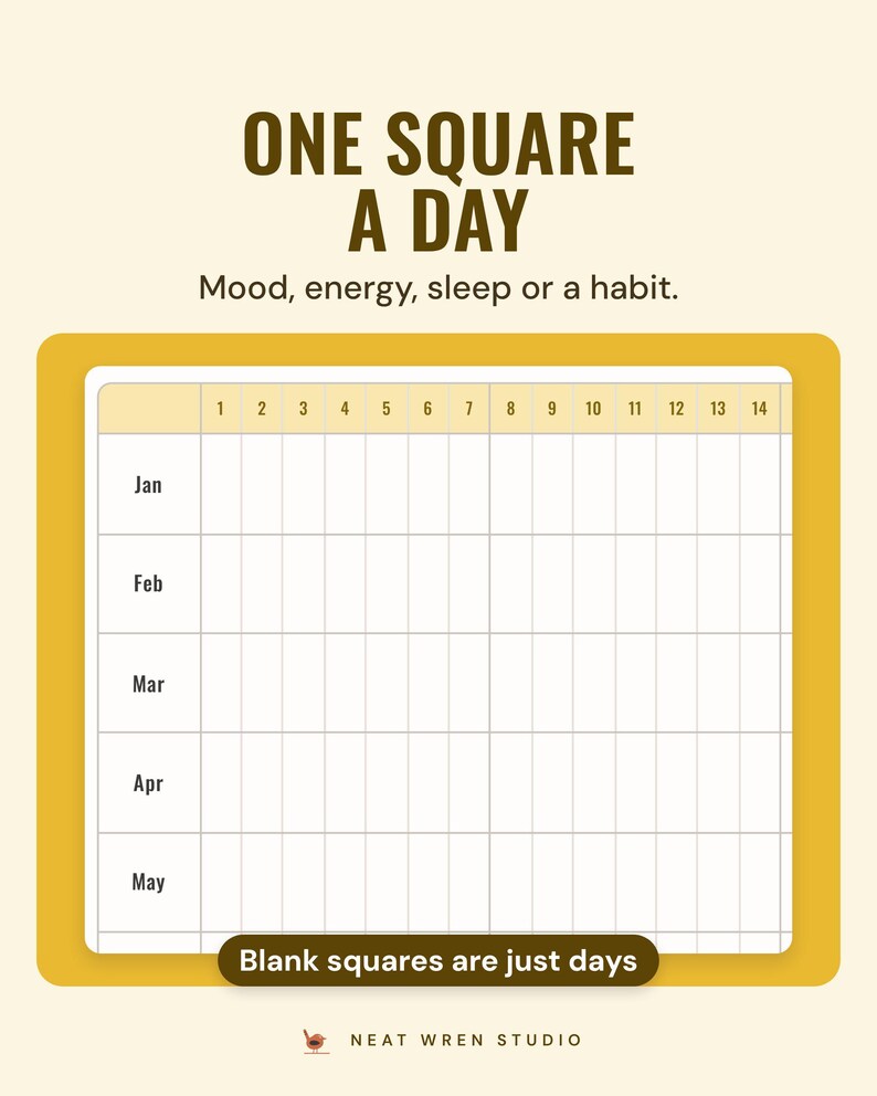A year grid with a square for every day, January to May shown, under the headline One square a day, with a note: blank squares are just days.