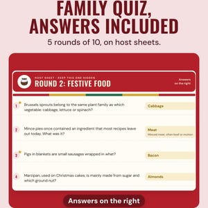 The round 2 festive food host sheet with answers on the right, such as cabbage and bacon, under the headline Family quiz, answers included, 5 rounds of 10.