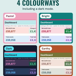 The net worth dashboard showing £55,877 in four colourways, Pastel, Bright, Dark and Earthy, under the headline 4 colourways, and the line Including a dark mode.