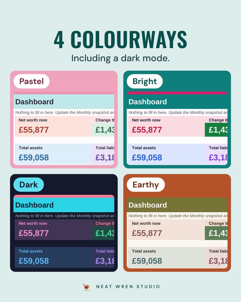 The net worth dashboard showing £55,877 in four colourways, Pastel, Bright, Dark and Earthy, under the headline 4 colourways, and the line Including a dark mode.