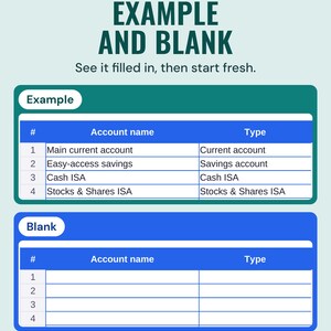 Accounts tab shown twice: the example file with named accounts and types, and the blank file with empty rows ready to fill in.