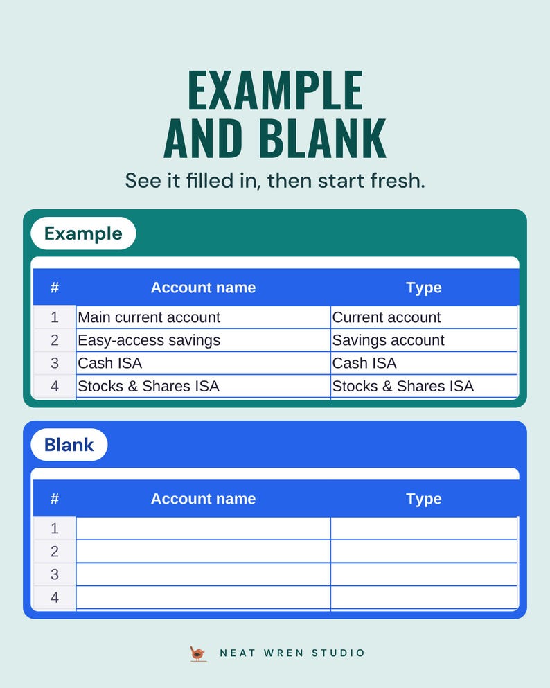 Accounts tab shown twice: the example file with named accounts and types, and the blank file with empty rows ready to fill in.