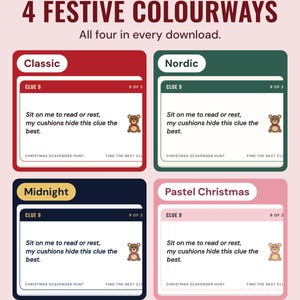 The same scavenger hunt clue card in four colourways, Classic, Nordic, Midnight and Pastel Christmas, under the headline 4 festive colourways.