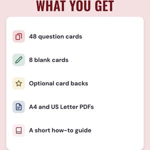 A white card under the headline What you get: 48 question cards, 8 blank cards, optional card backs, A4 and US Letter PDFs and a short how-to guide.