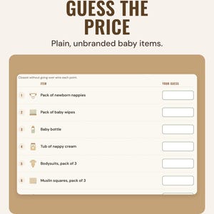 Guess the price sheet in Oat listing plain baby items such as a pack of newborn nappies, baby wipes and a baby bottle, with a box for each guess.