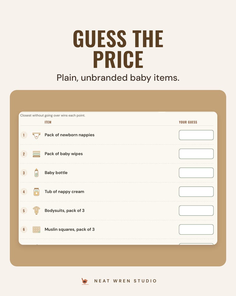 Guess the price sheet in Oat listing plain baby items such as a pack of newborn nappies, baby wipes and a baby bottle, with a box for each guess.