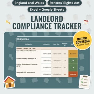 UK Landlord Compliance Tracker | Gas Safety, EICR, EPC, Deposit and Renters' Rights Act Dates (Google Sheets & Excel)
