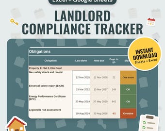 UK Landlord Compliance Tracker | Gas Safety, EICR, EPC, Deposit and Renters' Rights Act Dates (Google Sheets & Excel)