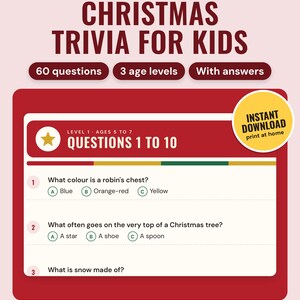 Christmas Trivia for Kids Printable: main listing photo showing the product with an 'Instant download' badge. Digital product from Neat Wren Studio.