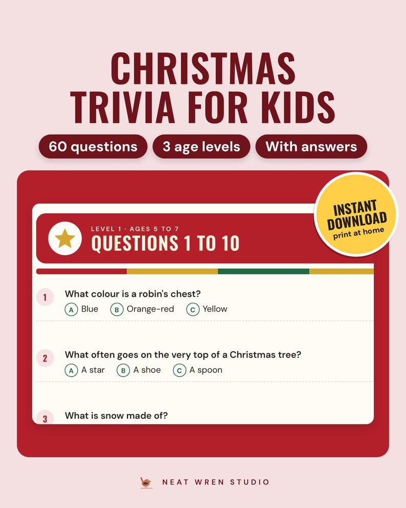 Christmas Trivia for Kids Printable: main listing photo showing the product with an 'Instant download' badge. Digital product from Neat Wren Studio.