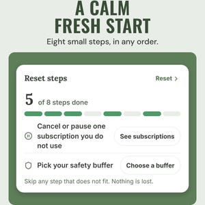 Reset steps tile: 5 of 8 steps done, next: cancel or pause one subscription you do not use, and pick your safety buffer