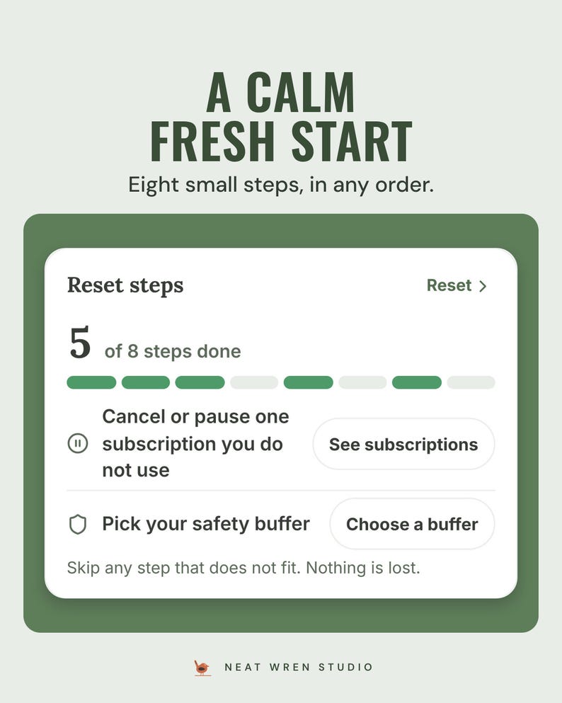 Reset steps tile: 5 of 8 steps done, next: cancel or pause one subscription you do not use, and pick your safety buffer
