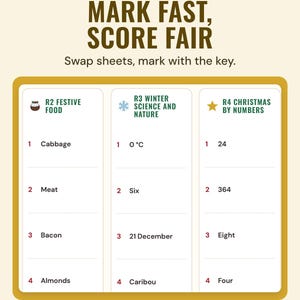 The answer key showing rounds 2 to 4 side by side, such as cabbage, 0°C and 24, under the headline Mark fast, score fair, and the line Swap sheets, mark with the key.