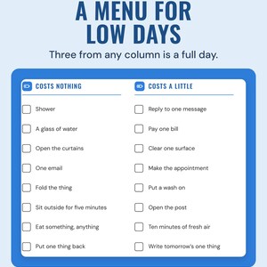 The low-energy menu with Costs nothing and Costs a little columns, such as shower and pay one bill, under the headline A menu for low days.