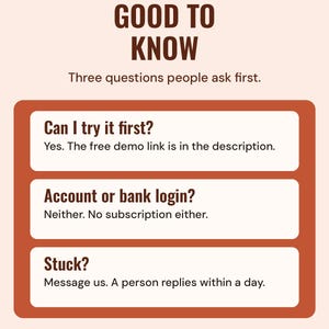Good to know: try the free demo first, no account or bank login, and a person replies within a day