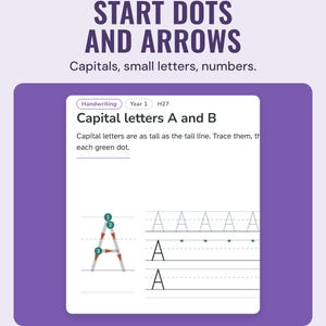 Handwriting sheet for capital A with numbered green start dots, arrows, trace rows and start-dot rows.
