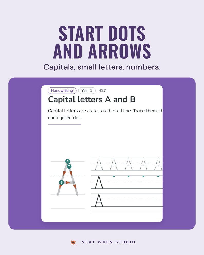 Handwriting sheet for capital A with numbered green start dots, arrows, trace rows and start-dot rows.
