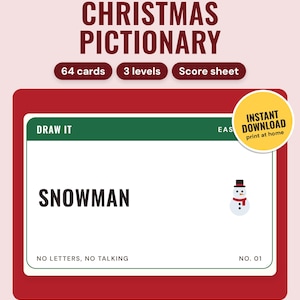 Christmas Pictionary Cards Printable: main listing photo showing the product with an 'Instant download' badge. Digital product from Neat Wren Studio.