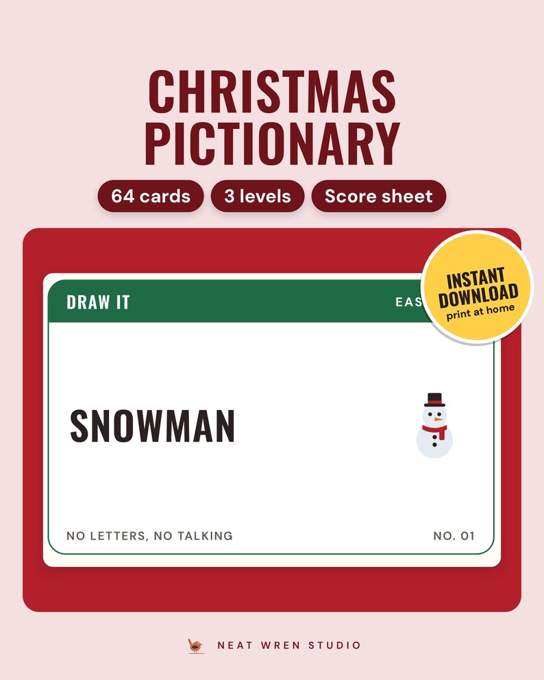 Christmas Pictionary Cards Printable: main listing photo showing the product with an 'Instant download' badge. Digital product from Neat Wren Studio.