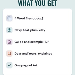 A white card under the headline What you get: 4 Word files (.docx); navy, teal, plum and clay; a guide and example PDF; Dear and Yours, explained; and one page of A4.