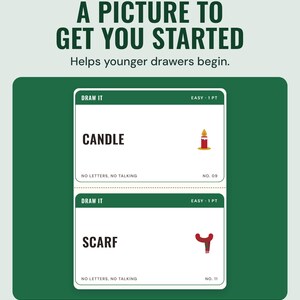 Two easy pictionary cards, Candle and Scarf, each with a small picture, under the headline A picture to get you started, and the line Helps younger drawers begin.