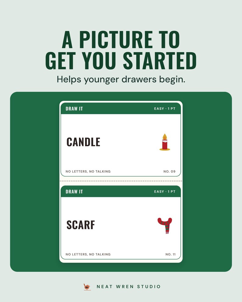 Two easy pictionary cards, Candle and Scarf, each with a small picture, under the headline A picture to get you started, and the line Helps younger drawers begin.
