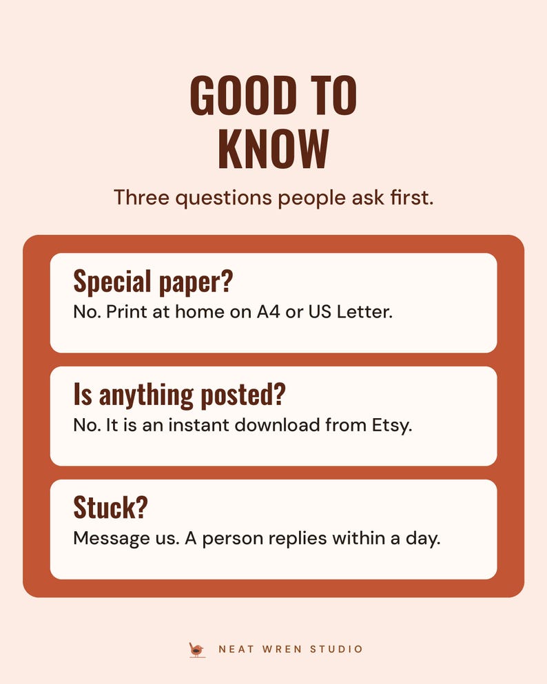 Good to know: print at home on A4 or US Letter, nothing is posted because it is an instant download, and a person replies to messages within a day.