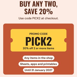Buy two or more: code PICK2 for 20% off any two or more items until 31 January 2027