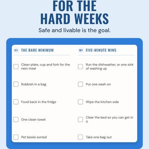 The bare minimum and five-minute wins lists, such as rubbish in a bag and put one wash on, under the headline For the hard weeks, and the line Safe and livable is the goal.