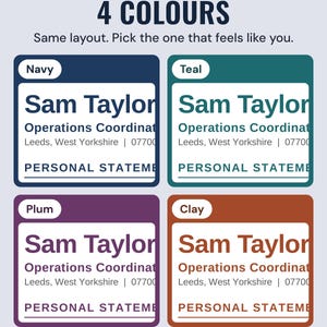The example CV heading in four colours, navy, teal, plum and clay, under the headline 4 colours, and the line Same layout. Pick the one that feels like you.