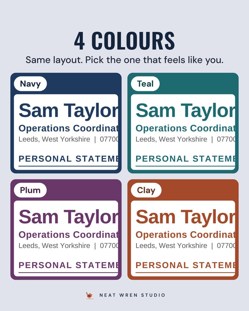 The example CV heading in four colours, navy, teal, plum and clay, under the headline 4 colours, and the line Same layout. Pick the one that feels like you.