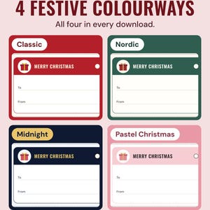 The Merry Christmas gift tag in four colourways, Classic, Nordic, Midnight and Pastel Christmas, under the headline 4 festive colourways.