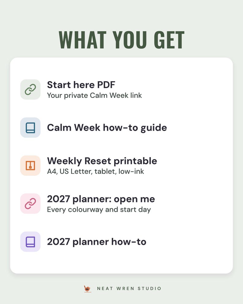 What you get: Start here PDF with the app link, Calm Week how-to guide, Weekly Reset printable zip, 2027 planner Open me PDF and its how-to guide.