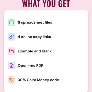 A white card under the headline What you get: 8 spreadsheet files, 4 online copy links, example and blank, an Open-me PDF and 30% Calm Money code.