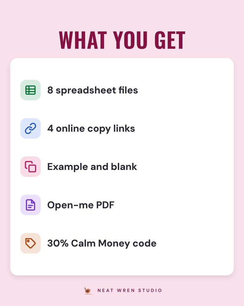 A white card under the headline What you get: 8 spreadsheet files, 4 online copy links, example and blank, an Open-me PDF and 30% Calm Money code.