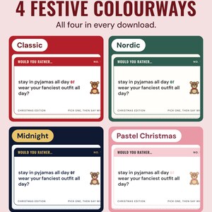 The same would you rather card in four colourways, Classic, Nordic, Midnight and Pastel Christmas, under the headline 4 festive colourways.