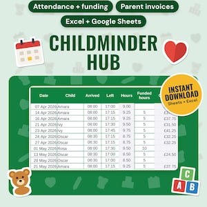 Childminder Spreadsheet UK: main listing photo showing the product with an 'Instant download' badge and flat calendar, heart, teddy bear and letter blocks icons. Digital product from Neat Wren Studio.