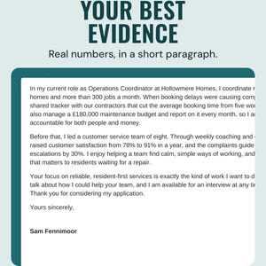 The middle paragraphs of the example cover letter with achievements and numbers, under the headline Your best evidence, and the line Real numbers, in a short paragraph.