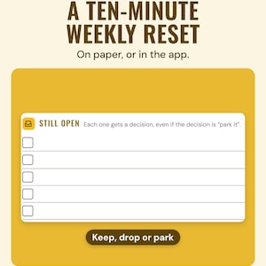 Weekly Reset printable, Still open box with keep, drop or park for each line.
