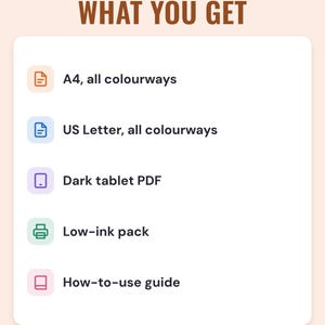 A white card under the headline What you get: A4, all colourways; US Letter, all colourways; dark tablet PDF; low-ink pack; and how-to-use guide.